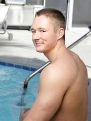 The blond muscular jock dives into the cool water of a desert oasis.  Surrounded by the warm sun and scenic mountains of Palm Springs, Jason Mack enjoys a dip in the pool.  The water glistens off the smooth chest of this hot stud.  When asked about being