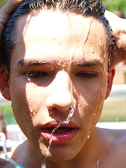 Wet twinks brandishing their hard-ons in the sun