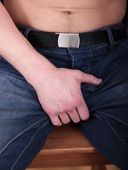 Athletic Peter spews his cum shot into his hand.